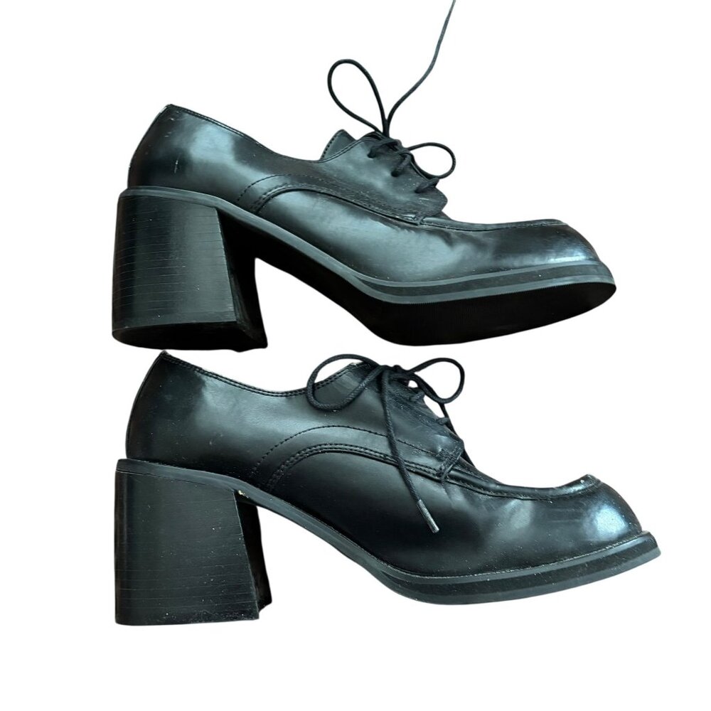 Vintage 90s Oxford Lace Up Shoes Size 9.5 Black Britt Chunky Block Heel